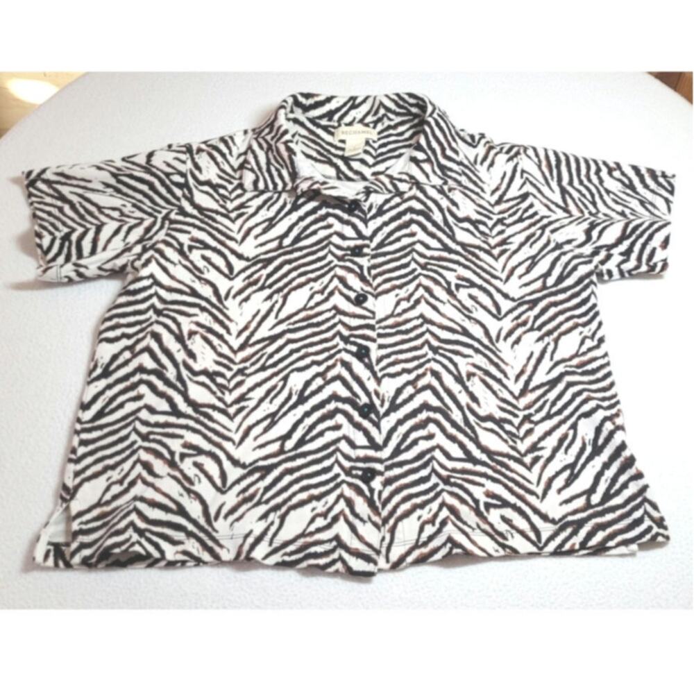 Bechamel Button Front Shirt Womens L Short Sleeve Safari Animal Print Blk Brown